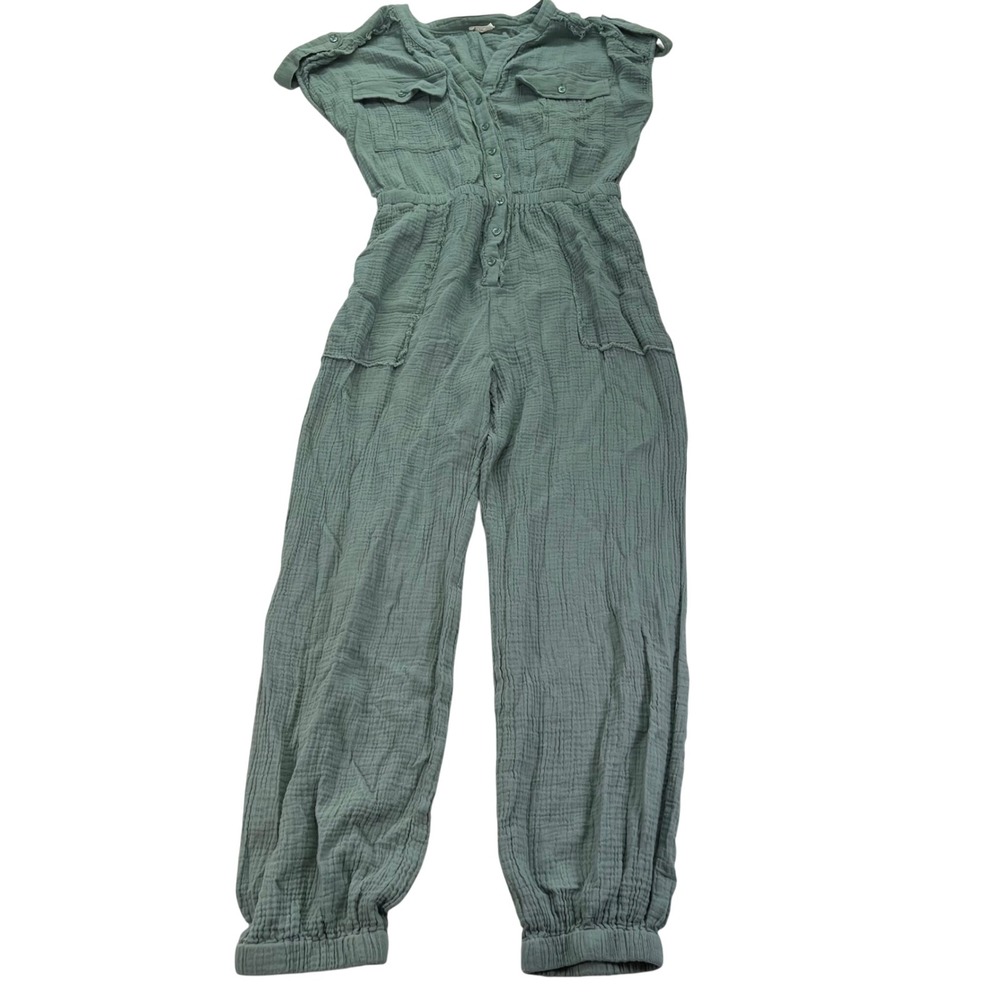 andthewhy One More Time Cotton‎ Gauze Jumpsuit Womens Large Green Sage Utility